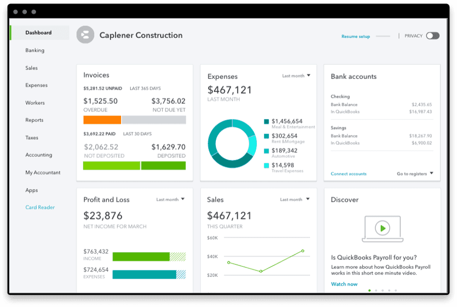 QuickBooks dashboard