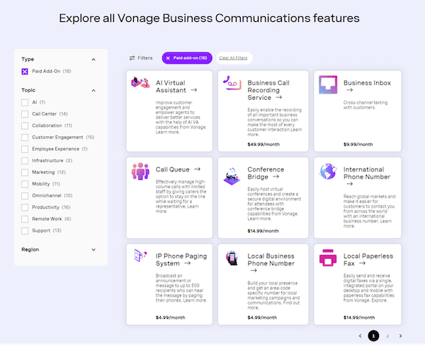 Vonage free and paid add-ons