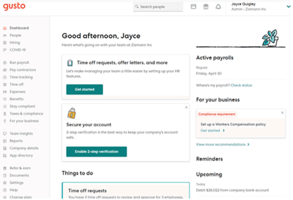 Gusto dashboard