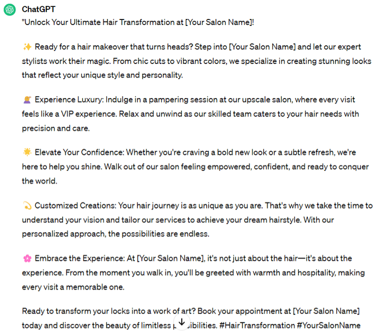 ChatGPT salon ad copy