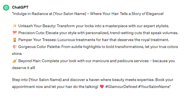 ChatGPT salon ad copy
