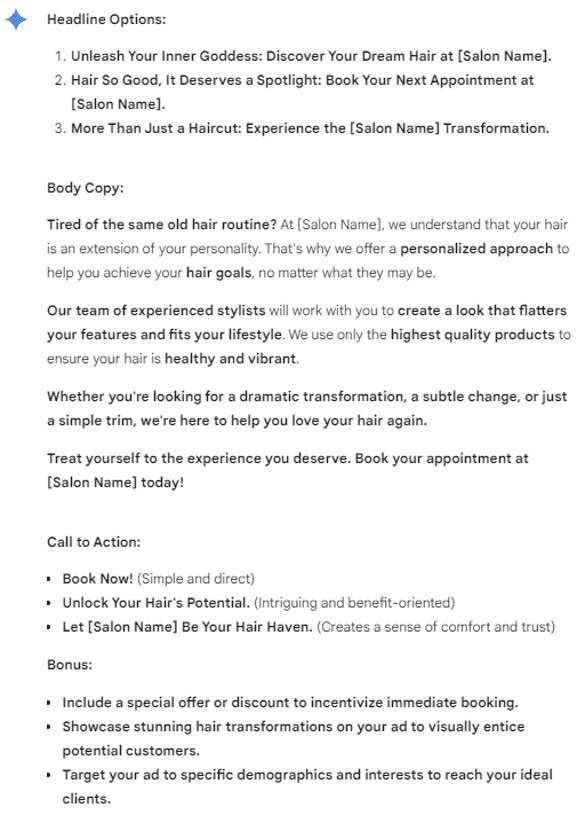 Gemini salon ad copy