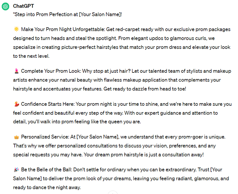 ChatGPT salon ad copy