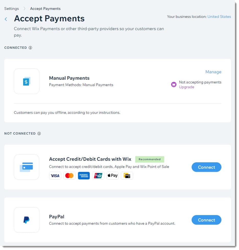 Wix payments screen