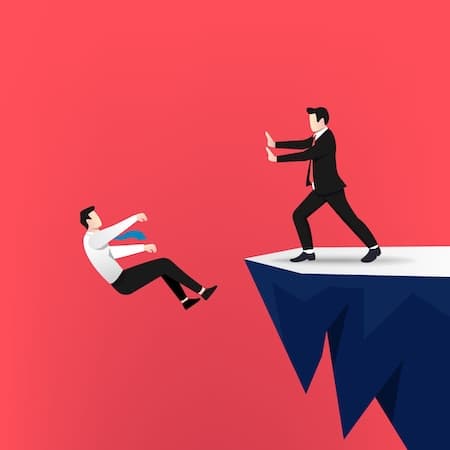 graphic of a businessman pushing another businessman off a cliff