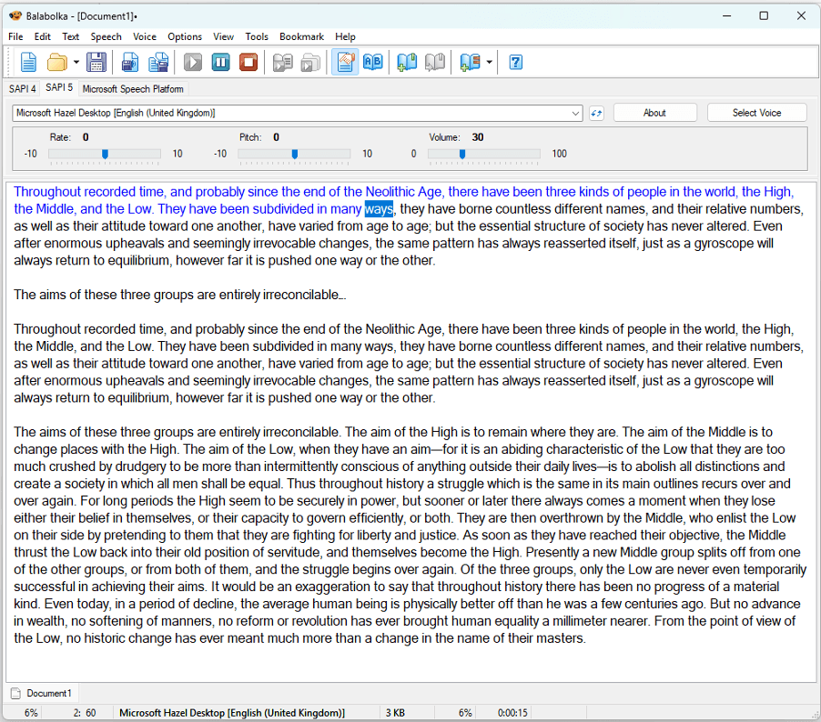 Screenshot of the Windows desktop app for Balabolka 