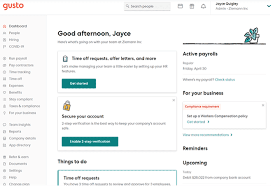 Gusto dashboard