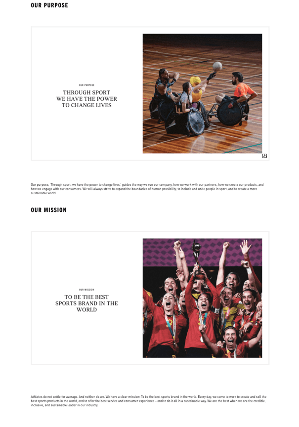 image of company profile page “Purpose” and "Mission” sections