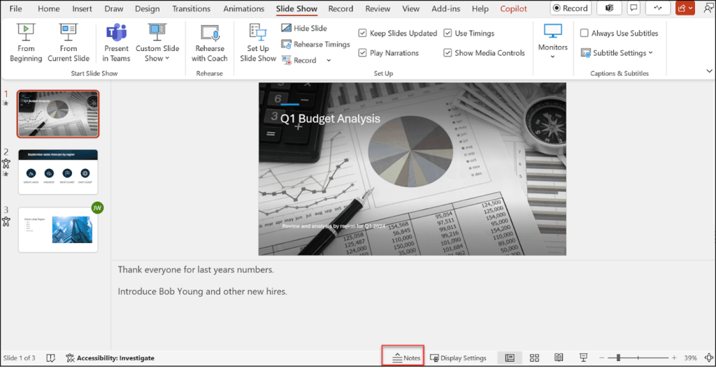 PowerPoint speaker notes in Presenter View
