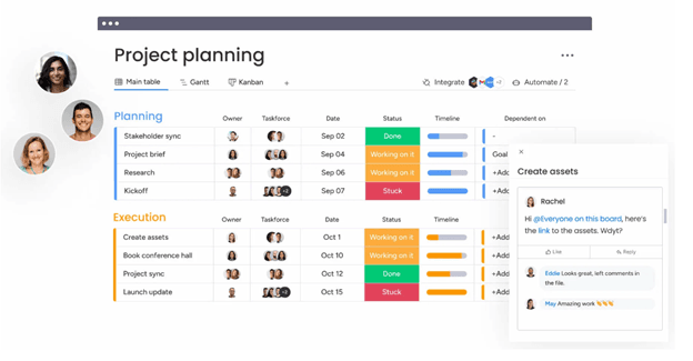 monday.com project planning board showing tasks, owners, timelines and status updates across a team workflow