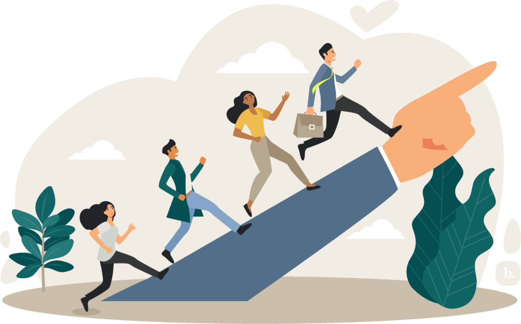 graphic of businesspeople walking up a large arm