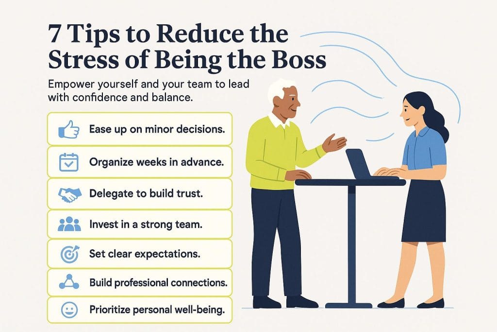 Tips to reduce stress when being the boss graphic