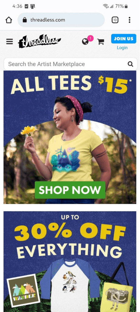 Threadless mobile homepage