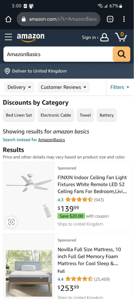 Amazon mobile homepage