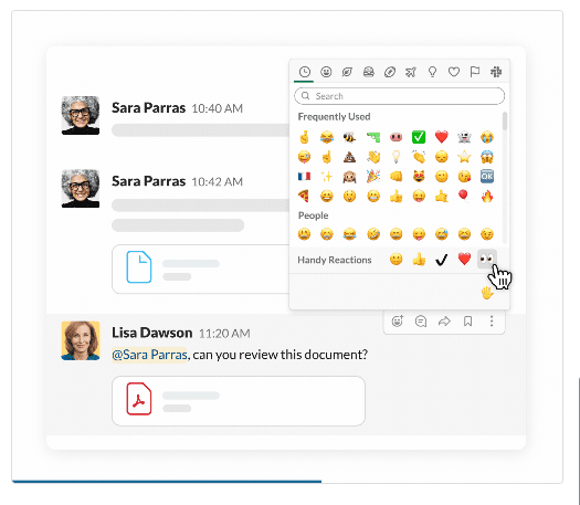 Slack interface showing the emoji reaction menu used to respond to a message with a quick reaction instead of a written reply.