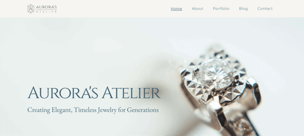 UENI-designed website for Aurora's Atelier featuring a jewelry image and navigation menu