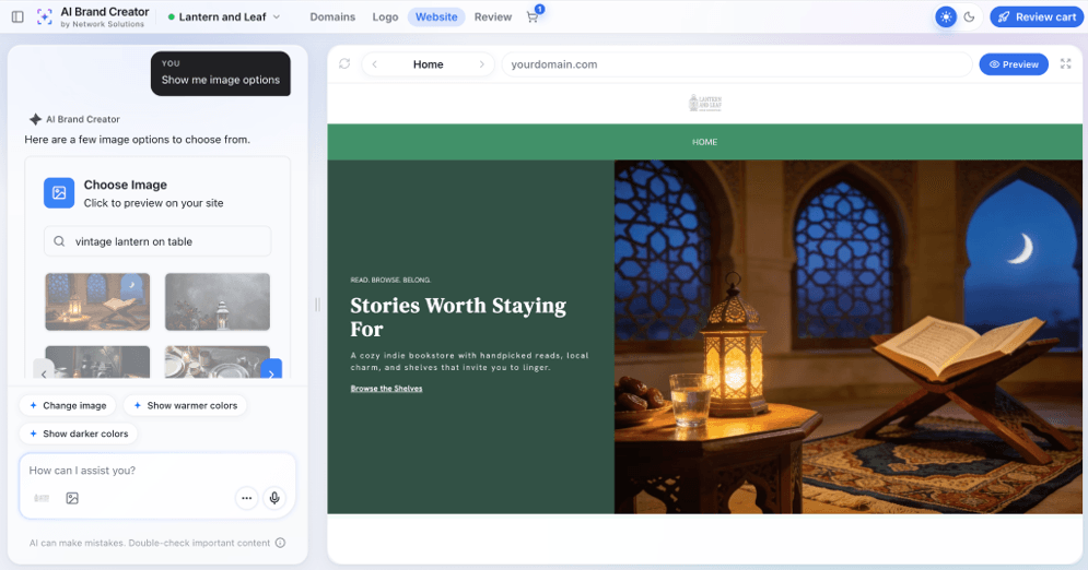Network Solutions AI Website Builder showing AI-generated image options alongside a website preview