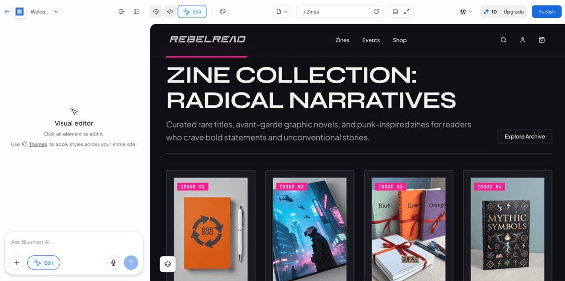 Bluehost AI website builder showing a WordPress website in the visual editor