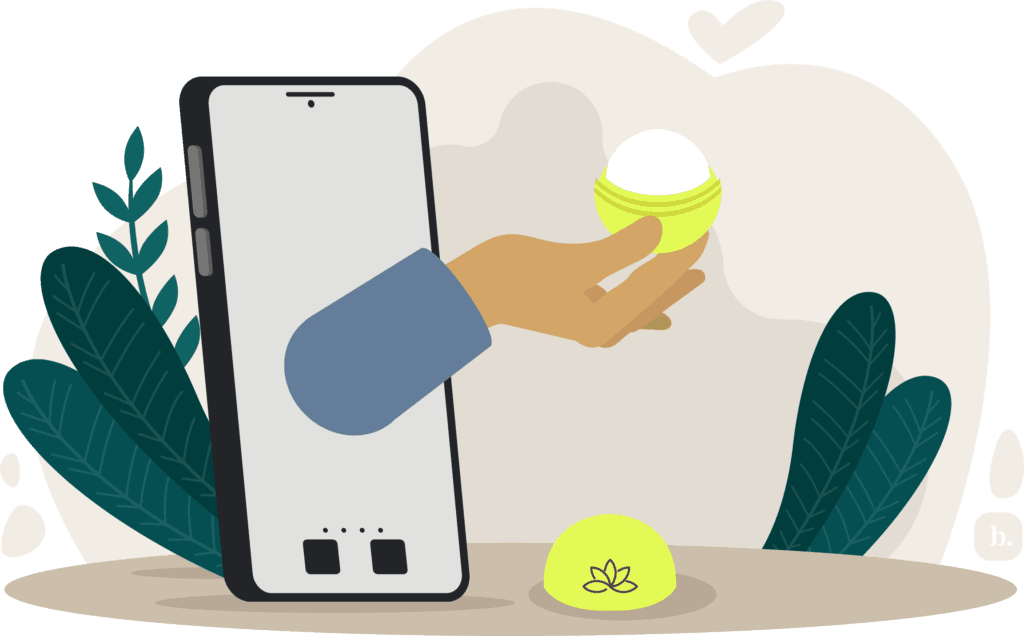 graphic of a hand holding a container of lip balm sticking out of a mobile phone