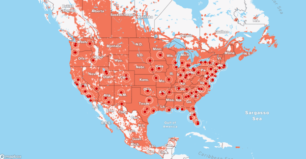 Verizon wireless network coverage map showing service availability across the United States, parts of Canada and Mexico.