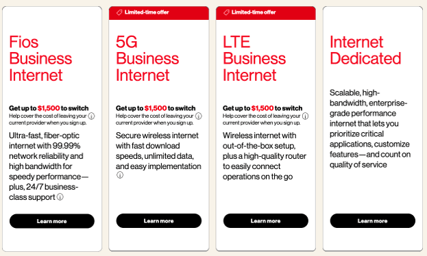 Verizon Business Internet service options, including Fios Business Internet, 5G Business Internet, LTE Business Internet and Internet Dedicated.