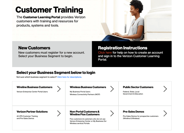 Verizon Customer Learning Portal showing training resources, onboarding materials and support options for business internet customers.