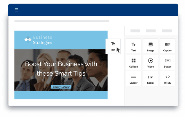 Campaigner drag-and-drop email editor with a marketing newsletter template and customizable content blocks.