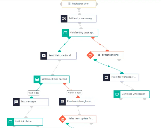 Campaigner's drag-and-drop workflow builder displaying an automated customer journey with email, SMS and branching actions based on subscriber behavior.