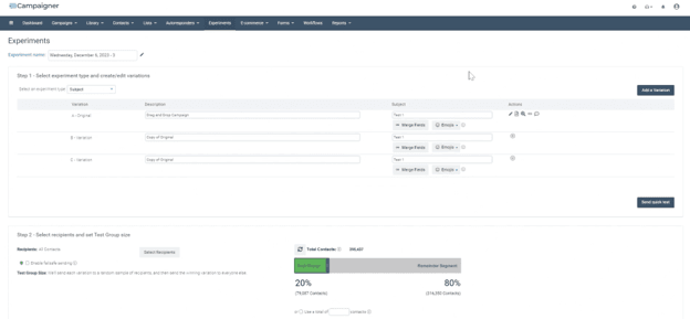 Campaigner Experiments interface showing multiple email variations and test group settings for campaign testing.