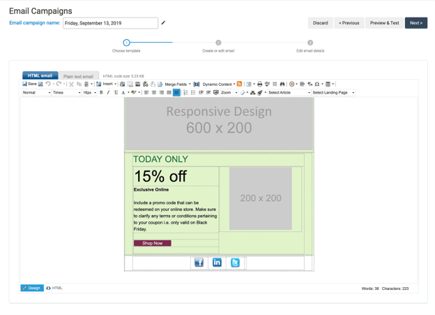 Campaigner's full email editor displaying an HTML email template with editing tools, merge fields and dynamic content options.