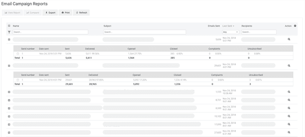 Campaigner's Email Campaign Reports dashboard displaying delivery, open, click and unsubscribe metrics across email campaigns.