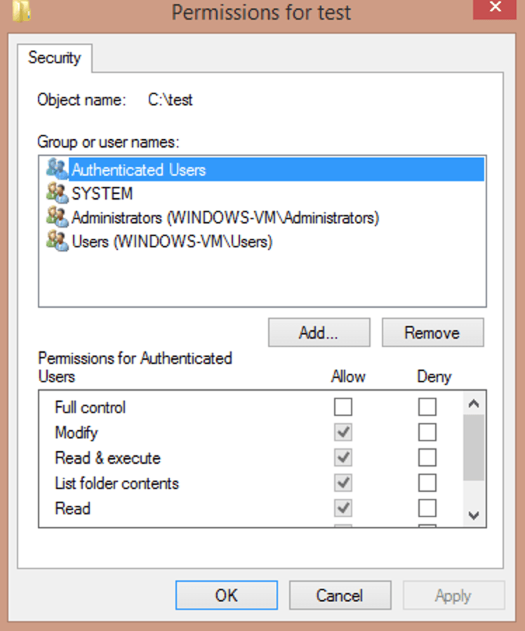 permissions for test
