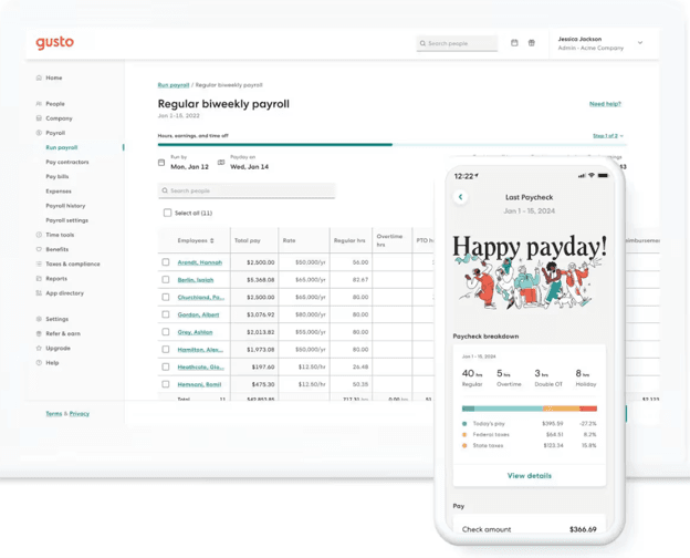 Gusto payroll dashboard with employee paycheck information displayed in the Gusto mobile app.