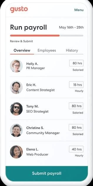 Gusto mobile payroll screen showing employee hours and a button to submit payroll.
