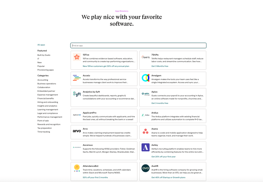 Gusto App Directory showing integrations for HR, accounting and other business software.