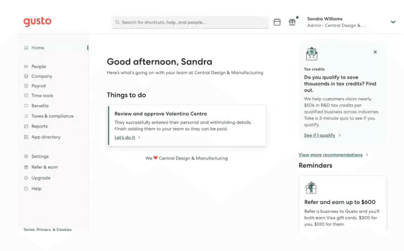 Gusto dashboard displaying an automated tax credit recommendation for a business.