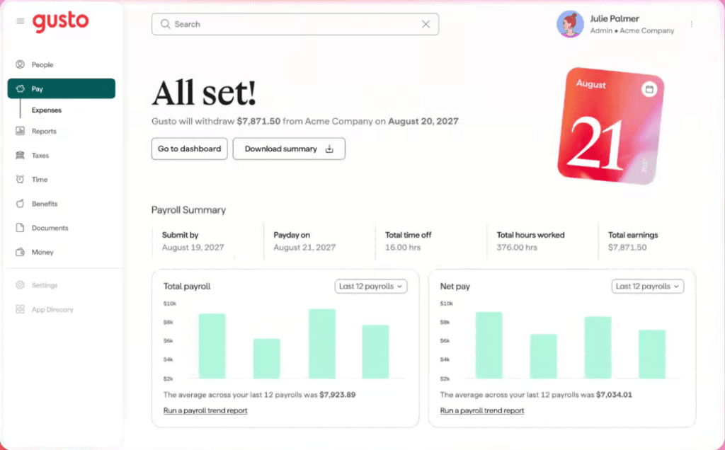Gusto payroll summary showing total hours, earnings, payday and payroll trends.