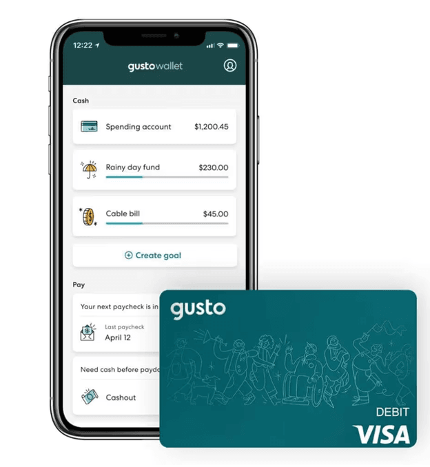 Gusto Wallet mobile app showing an employee spending account, savings goals and Gusto debit card.
