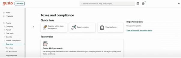 Gusto Taxes and compliance dashboard with tax forms, filing dates and state tax registration tools.