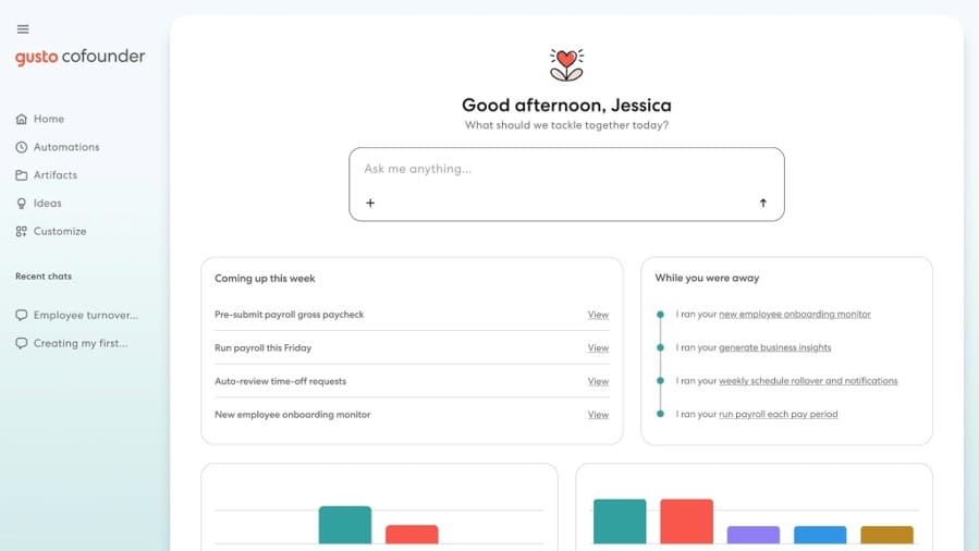 Gusto Cofounder dashboard showing payroll, onboarding and other automated business tasks.