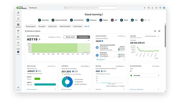  image of QuickBooks dashboard, which allows you to view essential accounting information