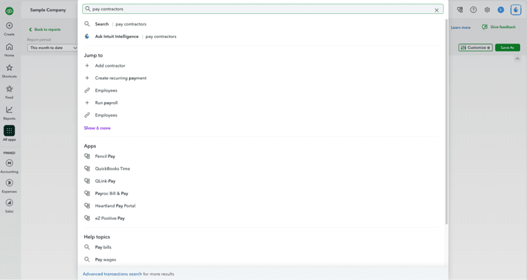 image of QuickBooks dashboard and how it lets you use phrases and keywords to view help topics, apps and more