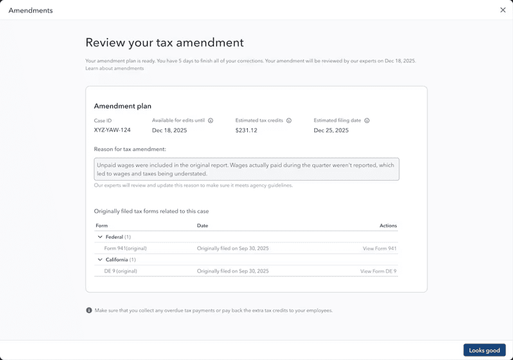 image of QuickBooks dashboard showing IRS payroll tax amendments 