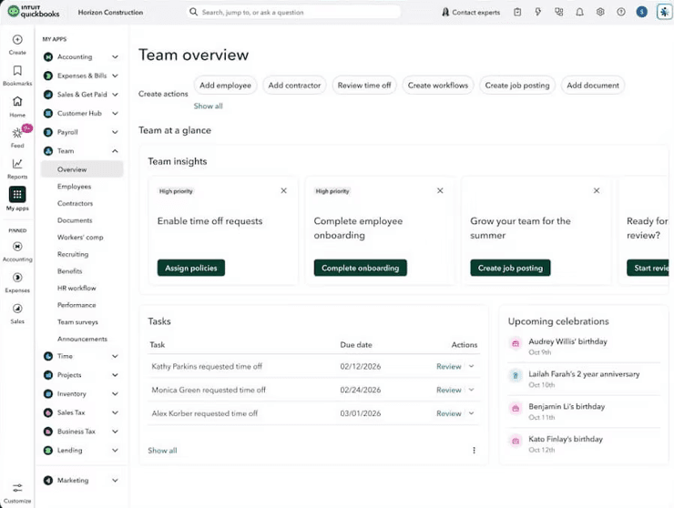image of QuickBooks dashboard with employee and team information