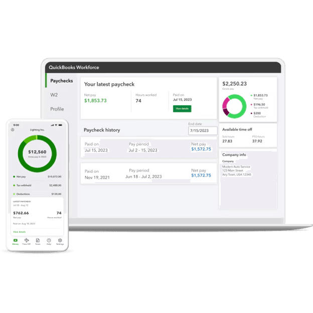 QuickBooks Workforce image of desktop and mobile dashboard for pay stubs