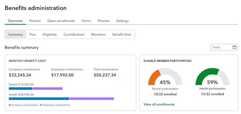 image of QuickBooks Benefits Administration dashboard