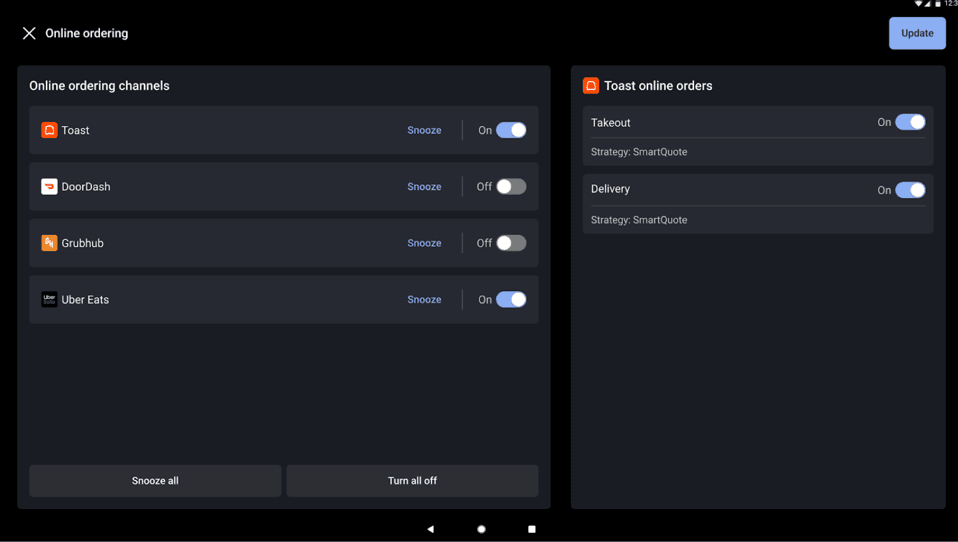 Toast online ordering controls showing Toast, DoorDash, Grubhub and Uber Eats ordering channels with snooze and on-off options.