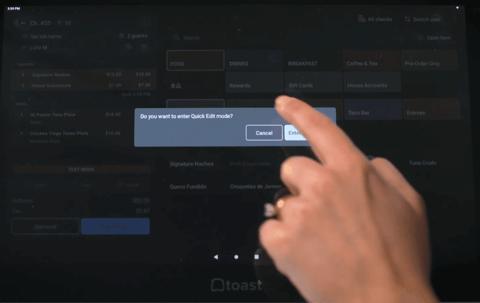Toast POS screen prompting a user to enter Quick Edit mode to make menu changes.