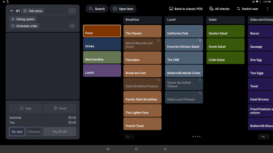 Toast POS Open View showing menu categories, items and modifiers on a single ordering screen.