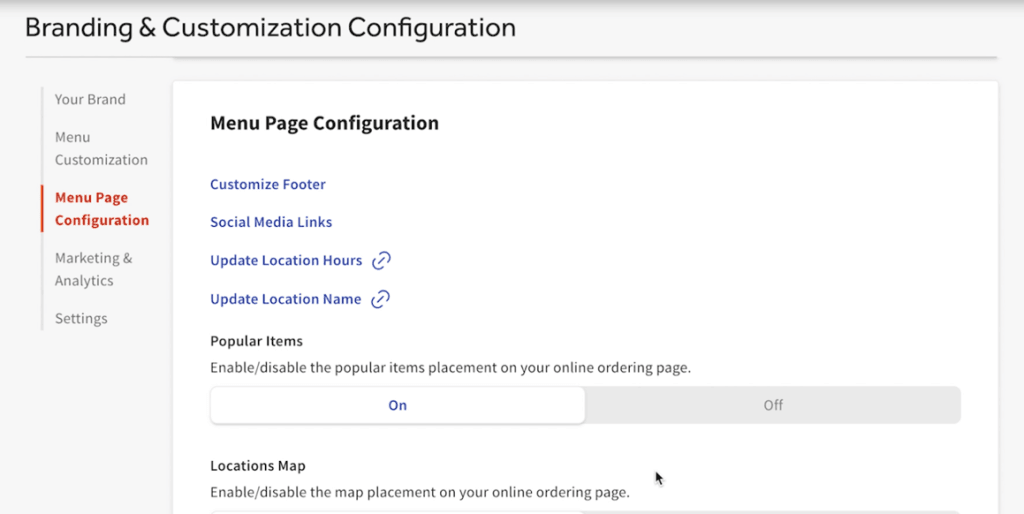 Toast online ordering settings showing branding and menu page customization options.